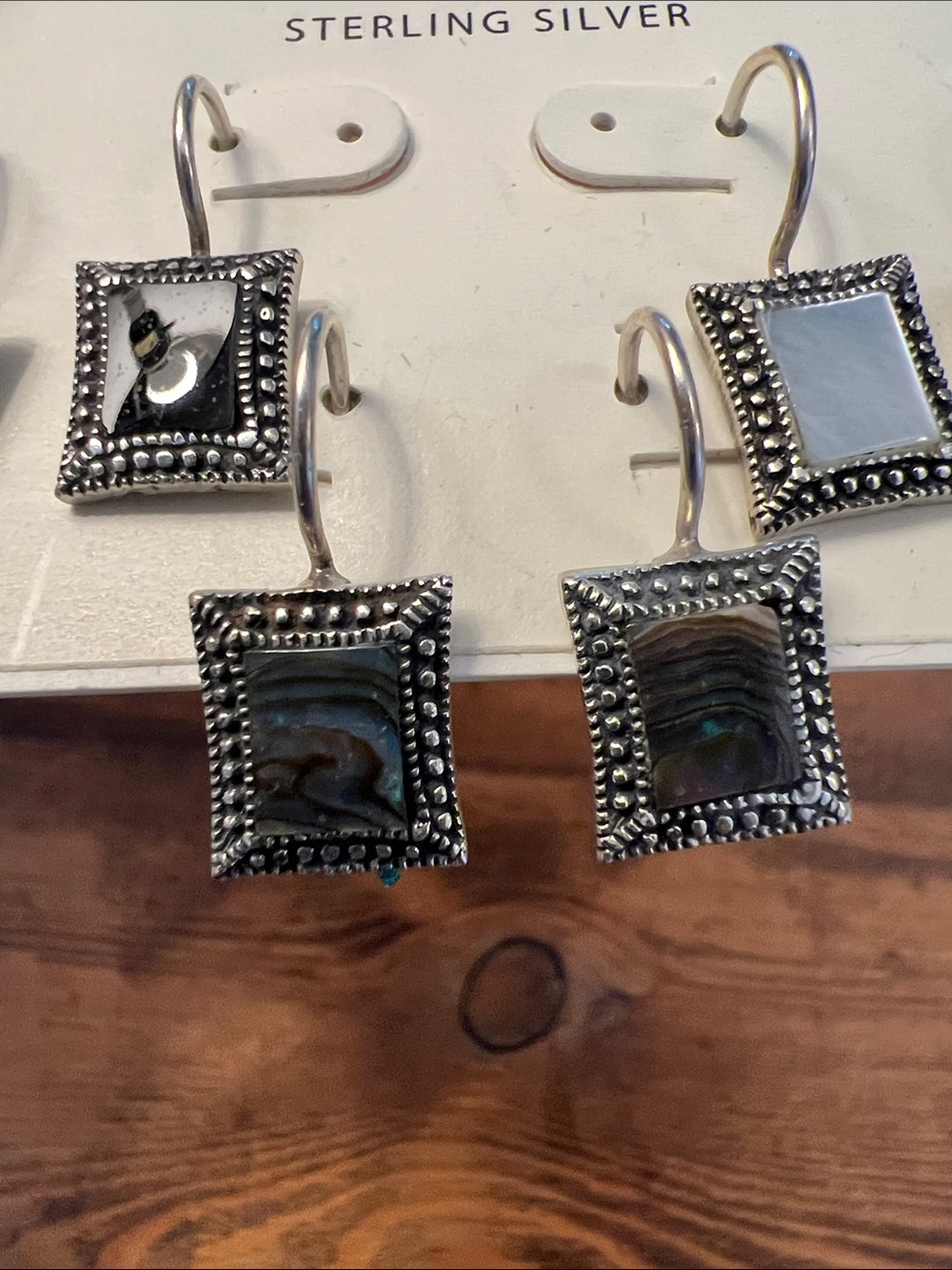 Set of 3, Macy's Sterling Silver Square Drop Earrings, Onyx, Abalone, Pearl - Picture 5 of 6